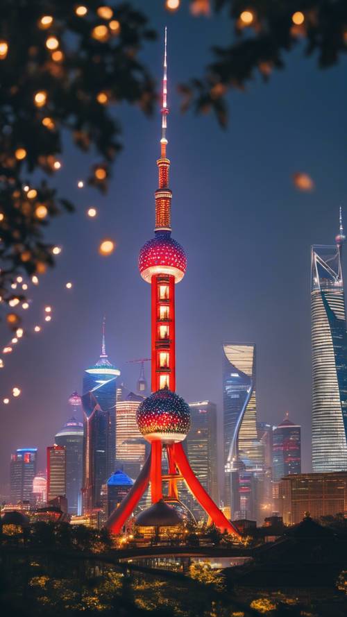 Lo scintillante skyline di Shanghai che mette in mostra l&#39;Oriental Pearl Tower tra scintillanti grattacieli.