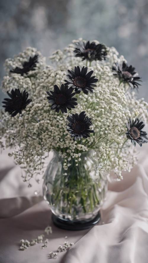 A bouquet of black daisy mums adorned with baby's breath in a crystal vase.