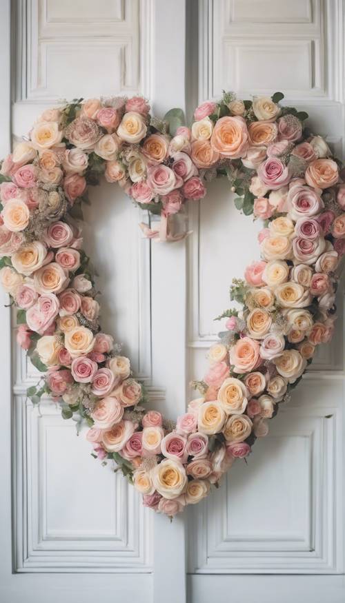 Ein herzförmiger Kranz aus pastellfarbenen Rosen vor einer weißen Tür.