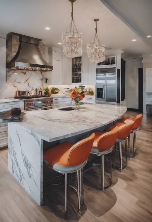 A modern kitchen complete with stainless steel appliances, a large marble island, and pops of color in the bar stools.