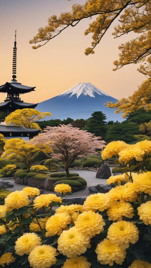 Yellow chrysanthemums blossoming in a traditional Japanese garden with Mount Fuji in the distance.