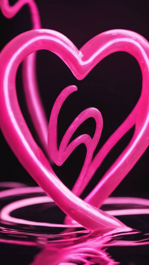 Hati merah muda neon mengambang di latar belakang hitam yang berputar-putar.