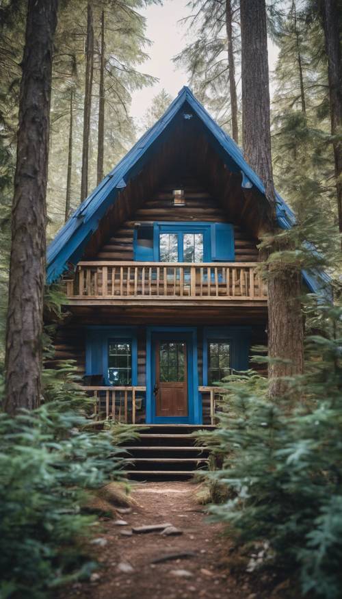 Una pintoresca cabaña de madera con adornos azules ubicada entre densos árboles de hoja perenne.