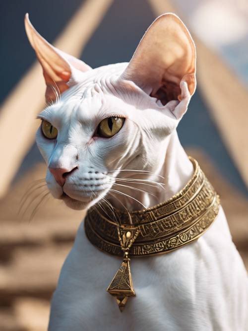 Un gato Sphynx blanco en una pose majestuosa, yuxtapuesto contra el telón de fondo de una misteriosa pirámide egipcia.