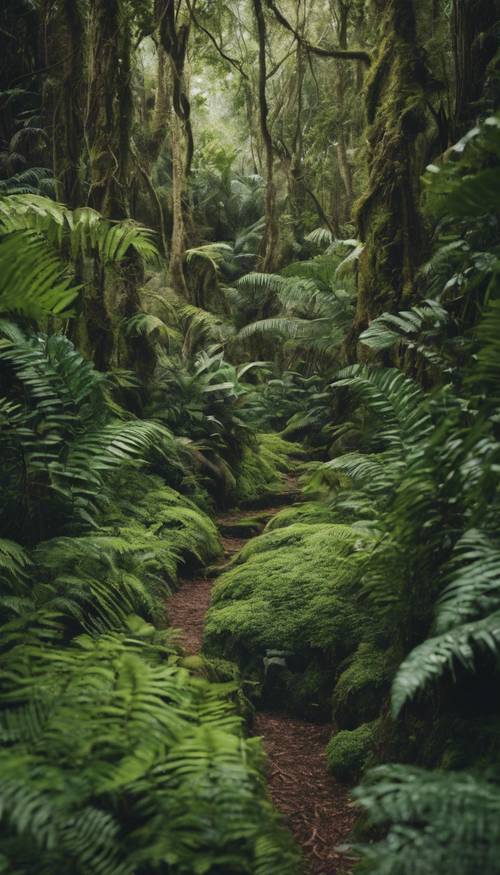Un sentier exploratoire serpentant à travers des fougères épaisses, des vignes denses et des arbres couverts de mousse dans une forêt tropicale humide.