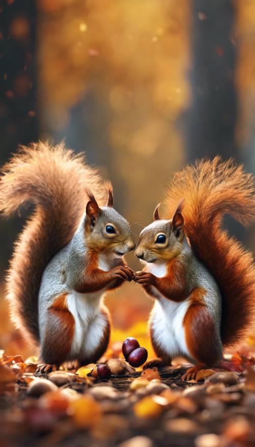 A digital painting of two squirrels gathering acorns for the cold winter months in a colorful fall woodland.