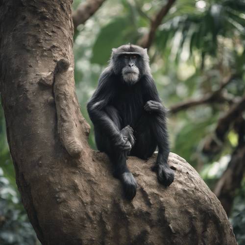 Seekor monyet hitam tua, dengan bulu beruban dan mata bijaksana, duduk sendirian di atas pohon, mengawasi hutan di bawah.