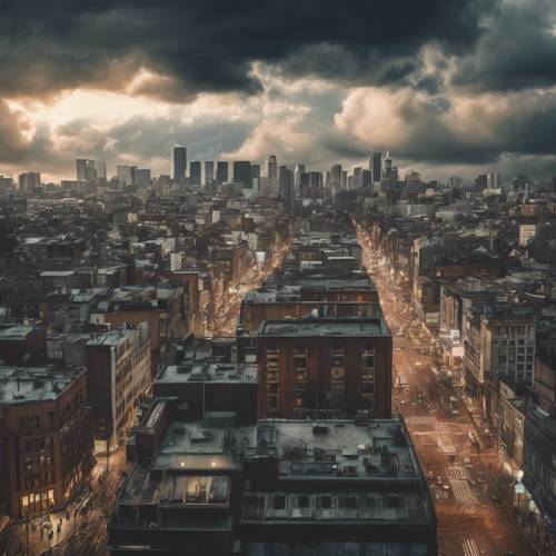 Un paysage urbain animé éclipsé par un ciel nuageux imminent.