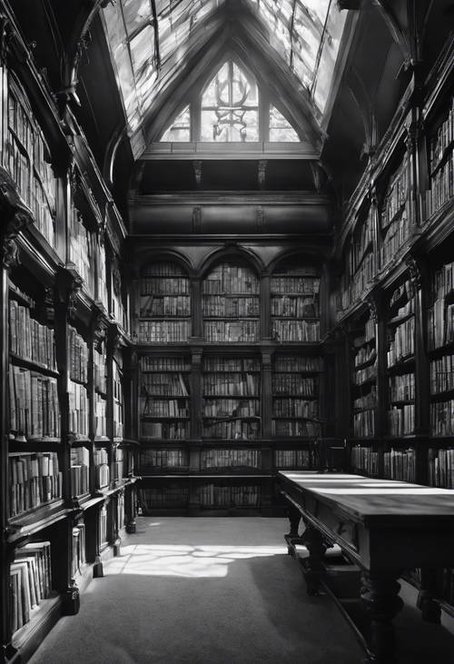 Representación en escala de grises de una antigua biblioteca, paredes revestidas de libros y luz del sol polvorienta que entra a raudales.