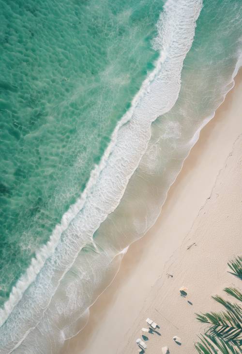 Pemandangan udara dari pantai yang tenang dengan pasir putih lembut, membelah laut hijau giok.
