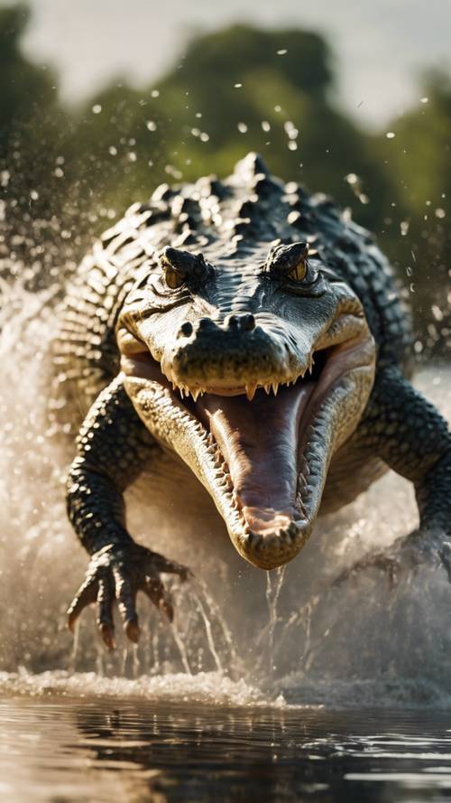 Spannender Moment, wenn ein Krokodil mit großer Kraft und Geschwindigkeit die Flussoberfläche durchbricht.