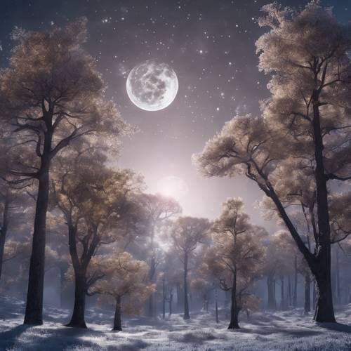A quiet forest planet, each tree glowing with soft bio-luminescence under the silvery glow of its moons.