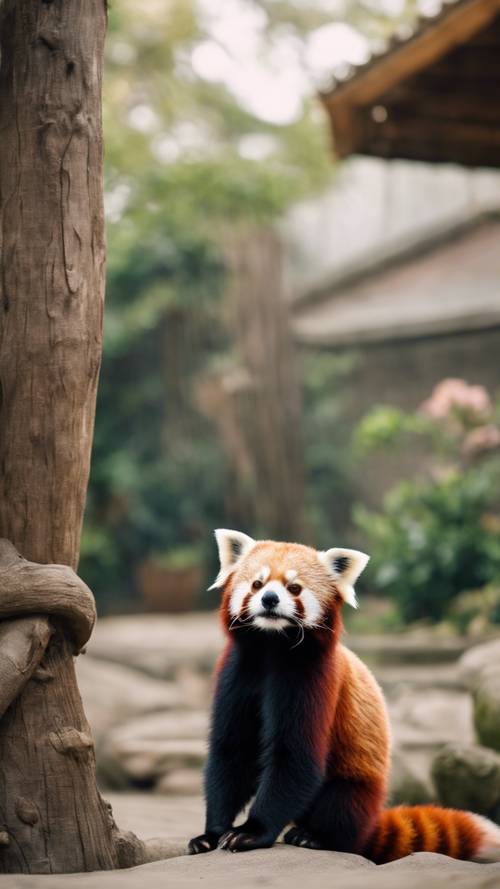 Красная панда в большом зоопарке в окружении взволнованных посетителей.