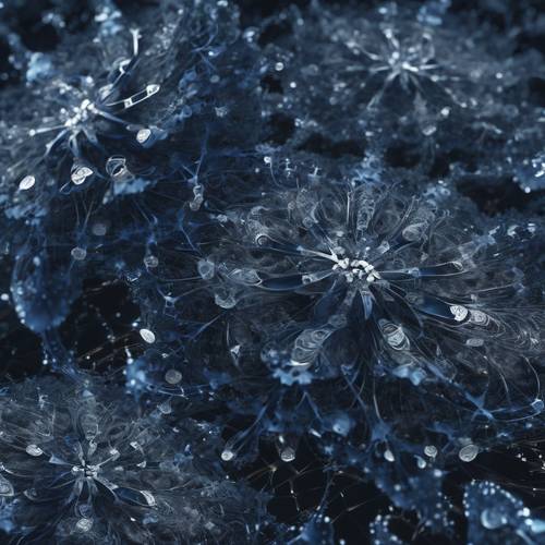 Matematiksel kaosun güzelliğini gösteren koyu mavi fraktal desenler.