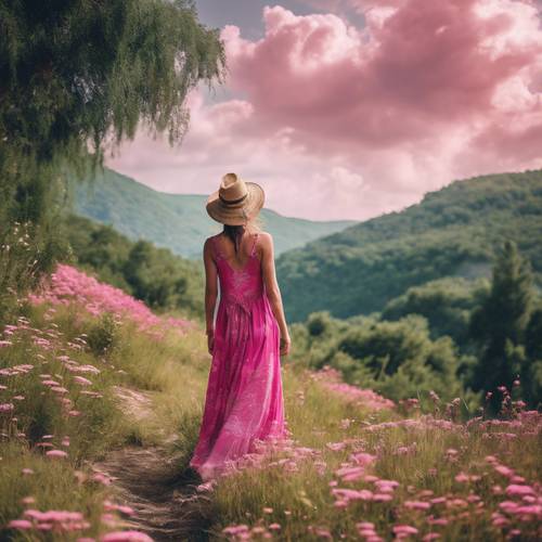 야생의 자연 풍경에 둘러싸인 대담한 핑크 보호 여름 드레스.