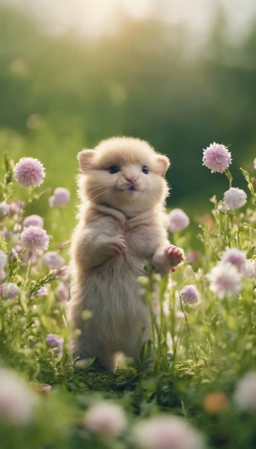 A collection of cute and fluffy baby animals frolicking in a lush green field with blooming spring flowers.