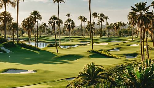 A lush golf course landscape with manicured lawns, azure lakes, and tall palm trees shaking gently under a clear sky.