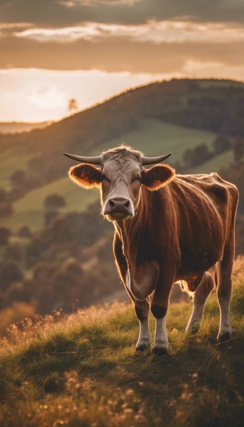 An old, wise cow standing majestically atop a hill during sunset.