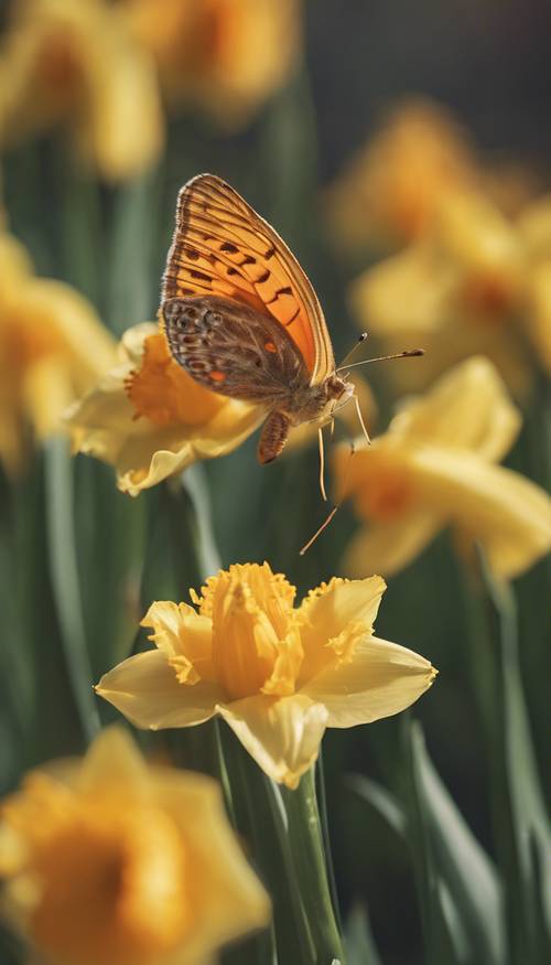 منظر قريب لفراشة برتقالية تطفو على زهرة النرجس البري