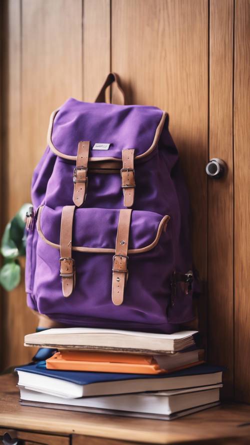 Una mochila escolar de muy buen gusto, color violeta, apoyada contra un casillero de madera de roble claro, llena de libros de texto y un estuche para lápices.
