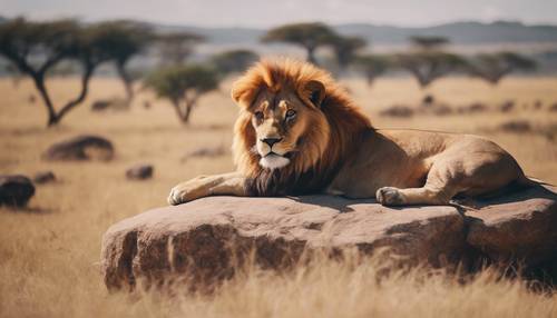 Сонный рыжий лев лениво развалился на вершине солнечной скалы посреди африканской саванны.
