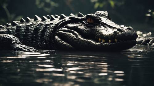 A prehistoric-looking black crocodile lurking ominously in shadowy water.