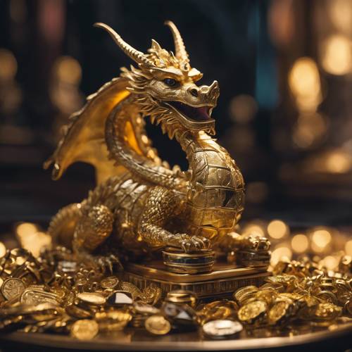 Gizli bir odada altın ve mücevher hazinesini koruyan kraliyet ejderhası