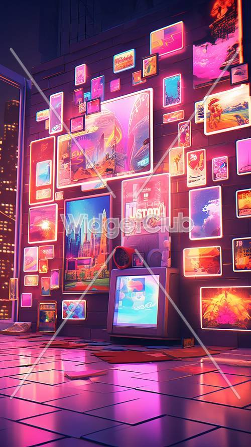 Affiches au néon colorées et décor de télévision rétro