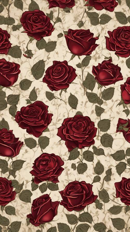 A vintage Victorian wallpaper pattern of shadows and deep red roses.
