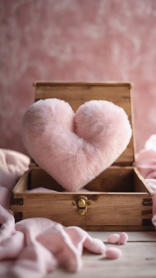 Uma almofada pequena e fofa em forma de coração, em suave rosa pastel, colocada sobre uma arca de madeira.
