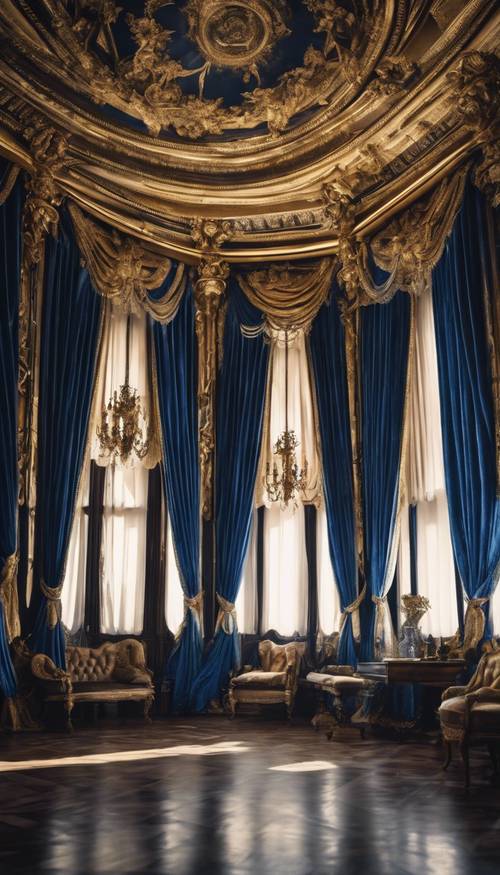 Kraliyet sarayı ortamında tavandan akan lüks mavi kadife perdeler.