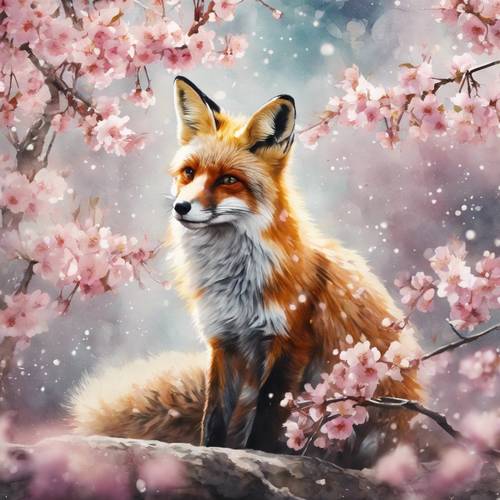 A dreamy watercolour painting of a fox amidst blossoming cherry trees.