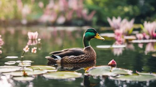 A well-fed duck is sitting contentedly on a lily pad in the middle of a tranquil pond.