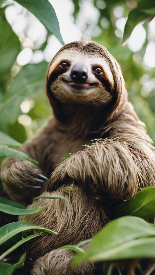 Un bradipo dal sorriso buffo che mangia foglie verdi succose e fresche.