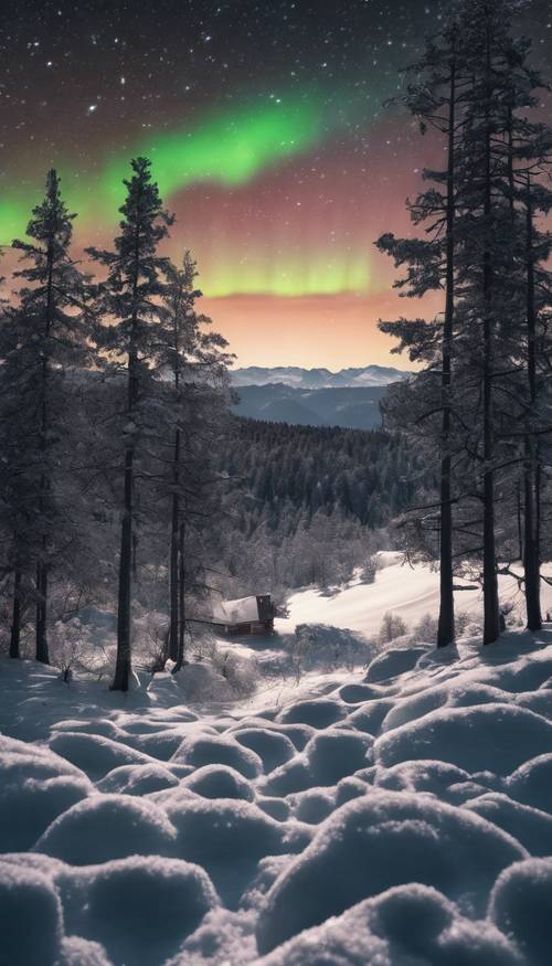 An ink black forest against the backdrop of a snowy landscape under the northern lights.