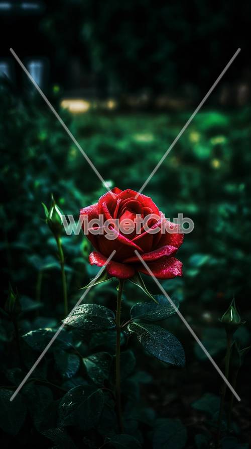 暗い緑色の庭に輝く赤いバラ