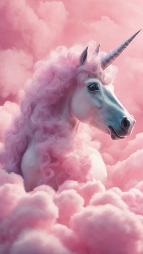 Illustration d’une licorne fantaisiste dans un royaume de nuages ​​de barbe à papa rayonnant d’une esthétique pastel.