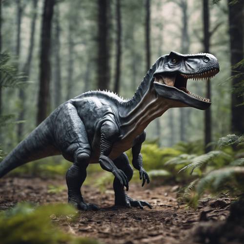 Uma cena de um dinossauro cinza caçando furtivamente uma presa nas profundezas da floresta.