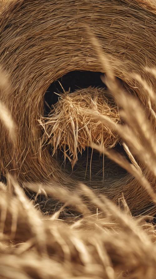 A coroa de um fazendeiro, tecida com feixes de trigo, colocada sobre fardos de feno em um campo ensolarado.
