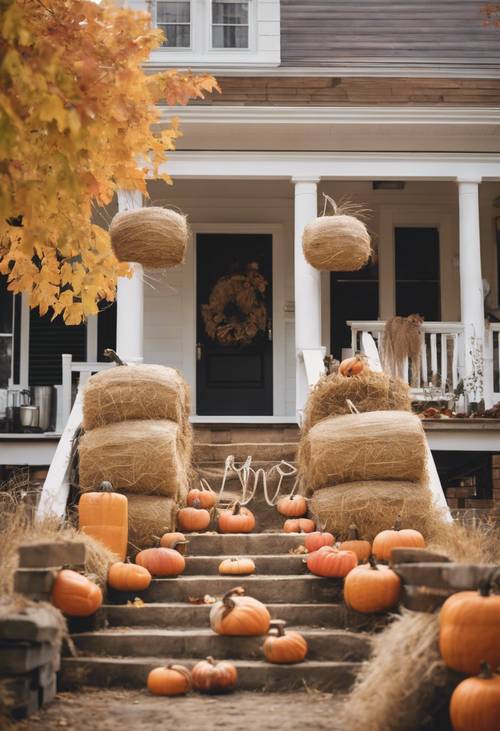 Decorazioni per il portico in stile casalingo per il Ringraziamento, con balle di fieno accatastate, torri di zucca e un cartello di ringraziamento fai da te in mezzo al fogliame autunnale.