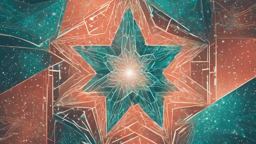 A geometric representation of a star, filled with vibrant patterns in shades of teal and coral.