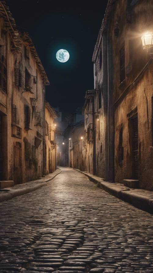 An ancient city with cobblestone streets, empty except for the bright allure of the full moon shimmering upon the slick roadways.