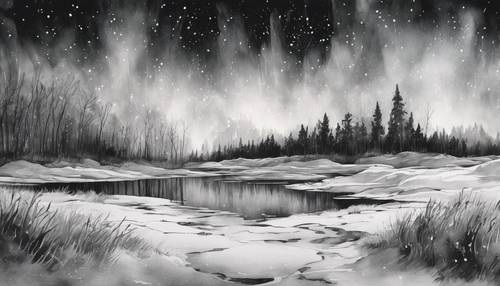 Un paesaggio etereo sotto l&#39;aurora boreale raffigurato con delicati tratti acquarellati in bianco e nero.