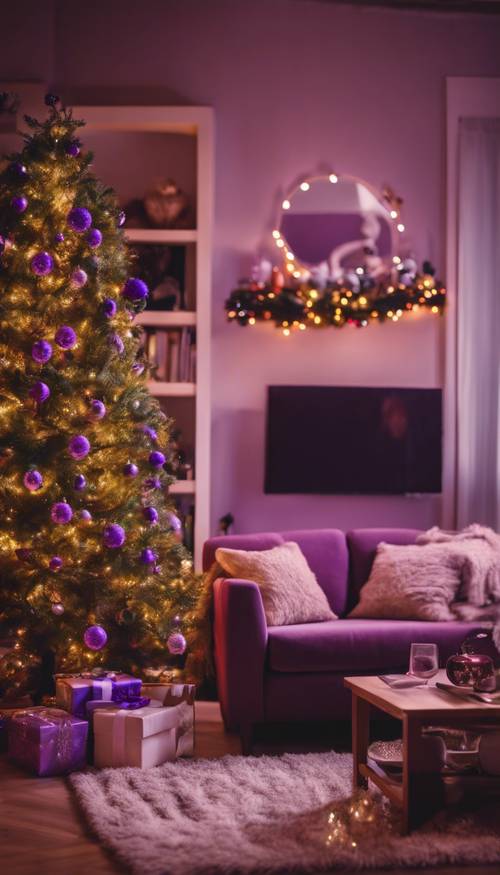 Un salon chaleureux et confortable illuminé par la lumière violette réconfortante d&#39;une guirlande de Noël.