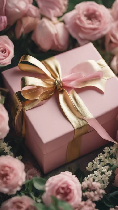 A gold-ribboned pink gift box nestled amongst flowers and greenery.
