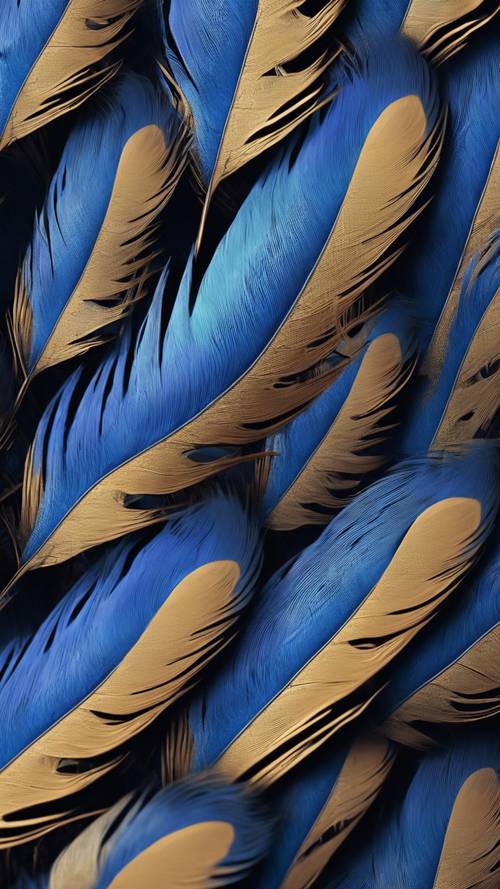 Uma arte digital surreal com um padrão de penas azuis brilhantes.