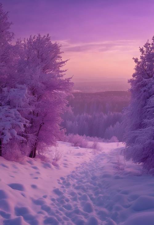 A magnificent snow-covered winter landscape under a wide expanse of a purple ombre twilight sky.