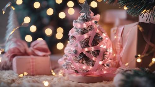 Ein Weihnachtsbaum aus Kiefernholz, dekoriert mit rosa kariertem Band und Lichterketten