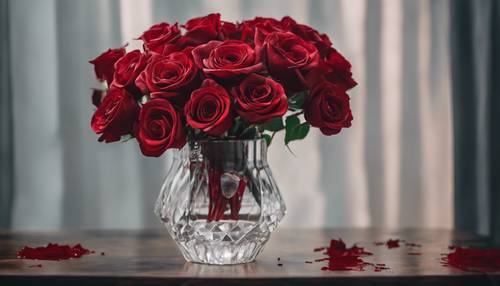 Un mazzo di rose rosso sangue in un vaso di cristallo.