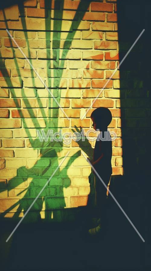 男孩在磚牆上玩影子